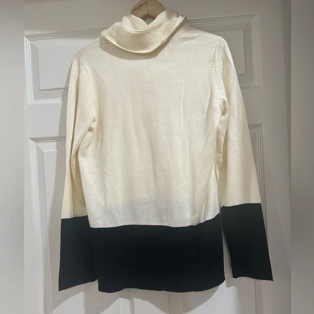 CALVIN KLEIN Knit Cowl Neck Sweater color block ribbed black white loose Sz L‌‌‌ - Image 2