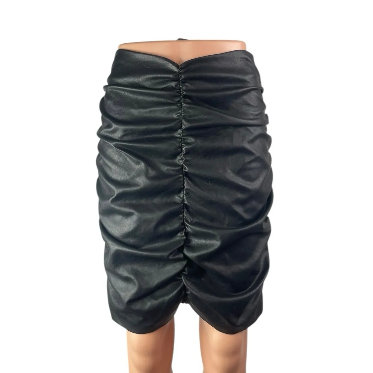 Hyfve Women's Black Faux Leather Vegan High Waist Ruched Pencil Mini Skirt Sz S - Image 2