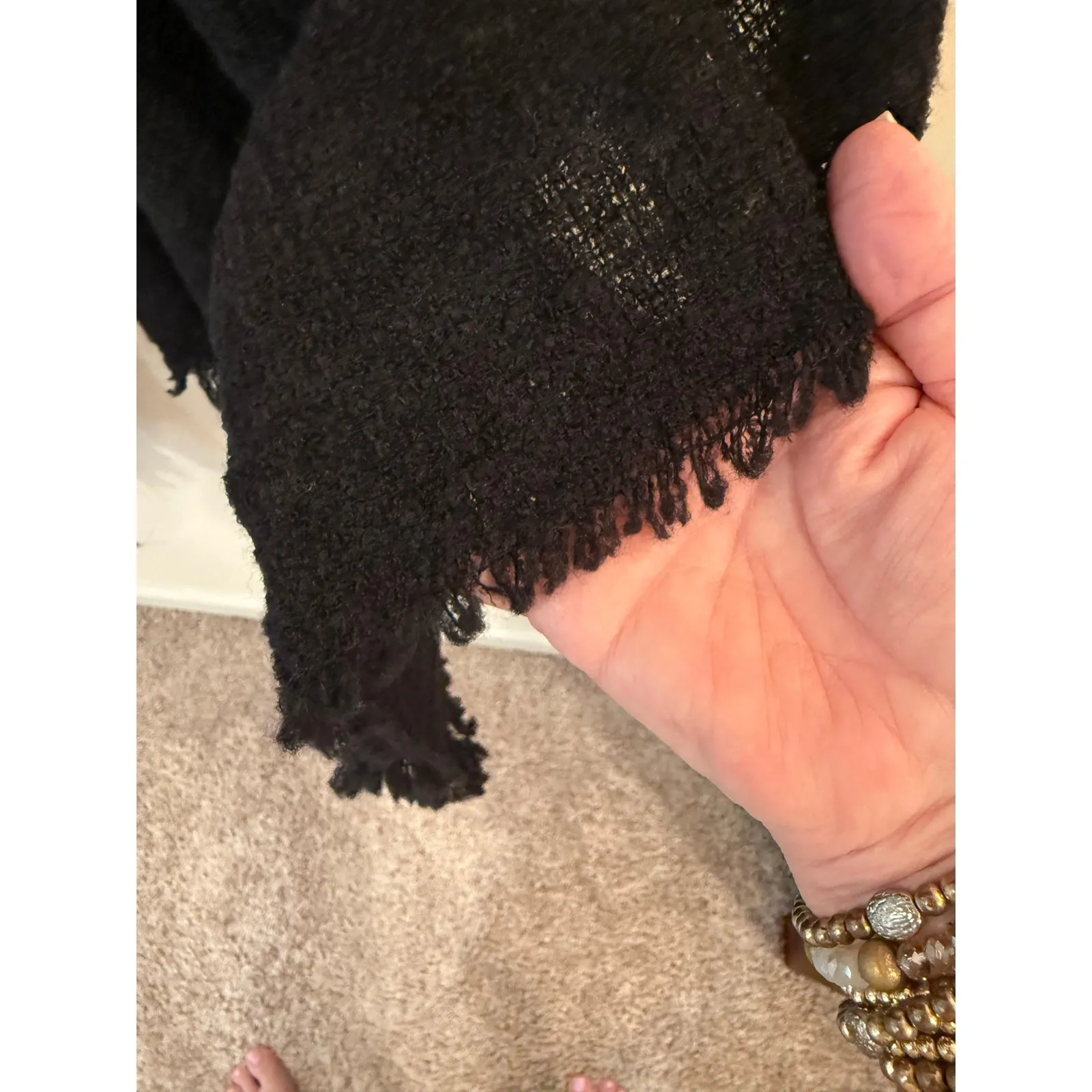 Celtic by Kerry Woollen Mills Fringe Hem Open Front Cardigan Black Women's Size L - Image 3