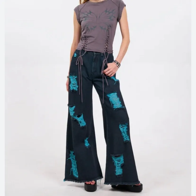 Pretty‎ Damage Wide Leg Jeans Womens Distressed Ripped Electric Mayhem Sz M NWT Black Size M - Image 2