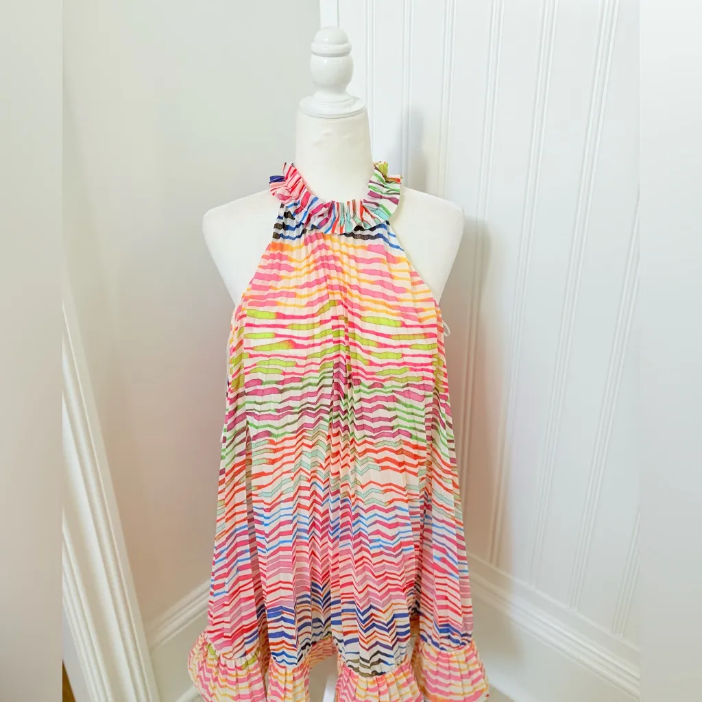 AMUR Estfan Pleated Halter Mini Dress In Double Rainbow Size 6 Red - Image 8