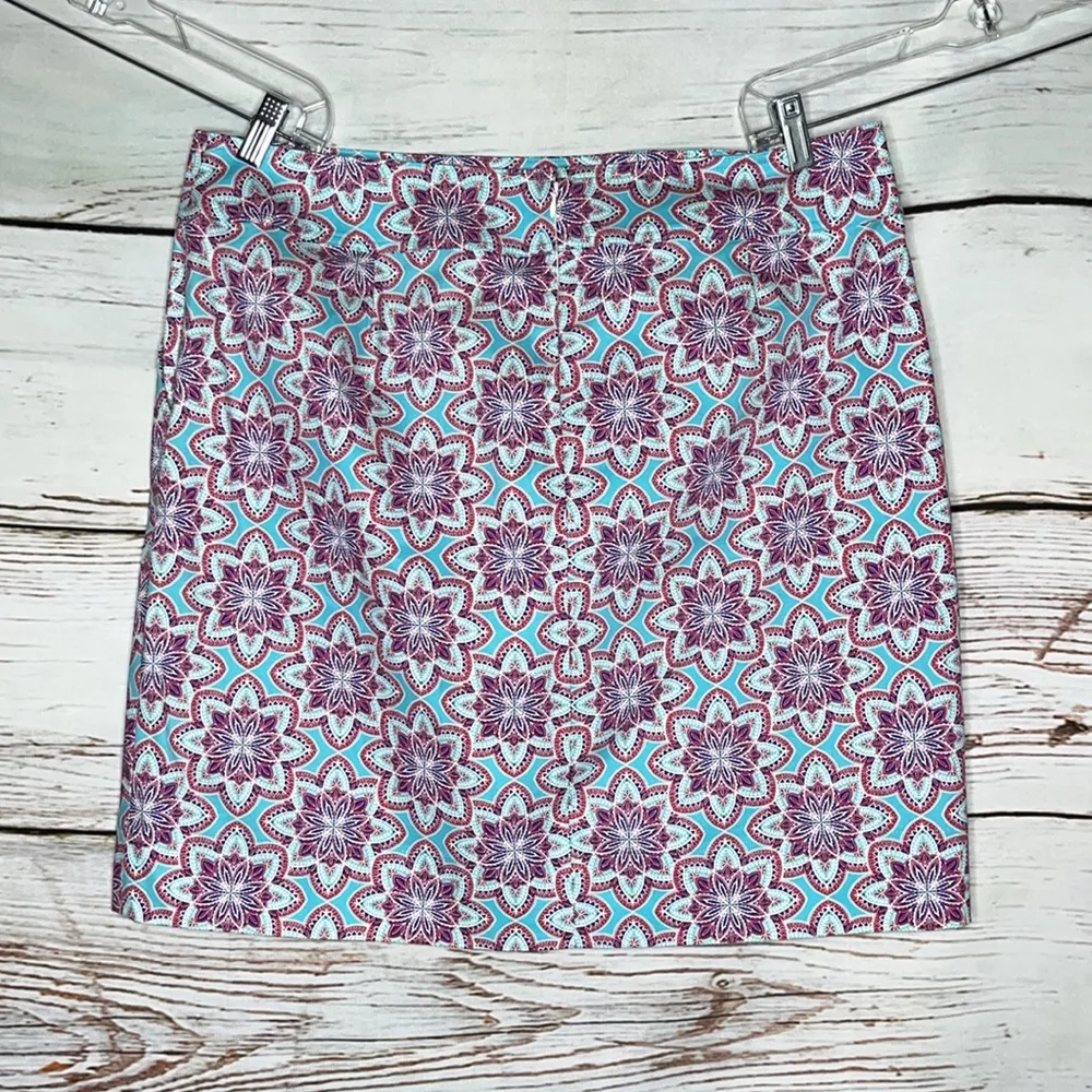 Talbots Size 16 Blue & Red Geometric Print Cotton Blend Straight Pencil Skirt - Image 2