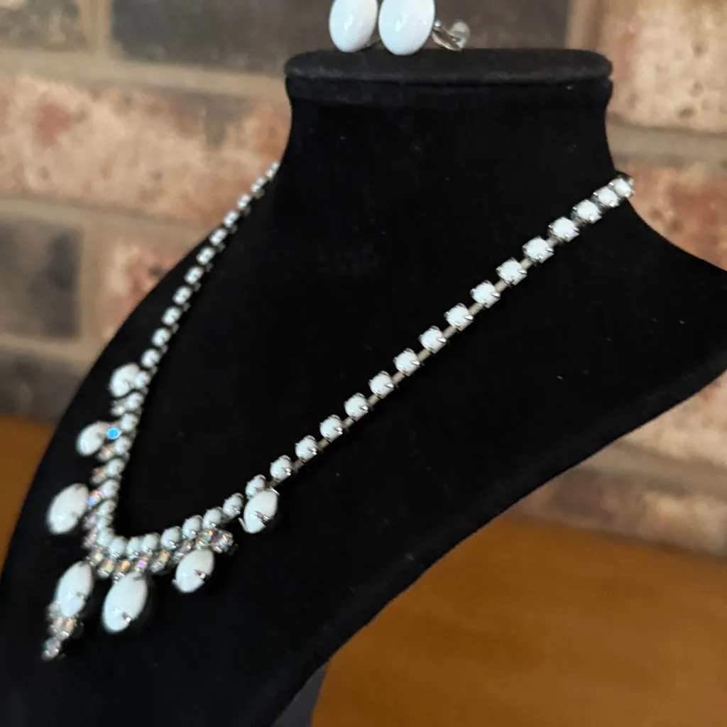 Vintage Mid Century White Milk Glass and AB necklace and earring set - Image 4