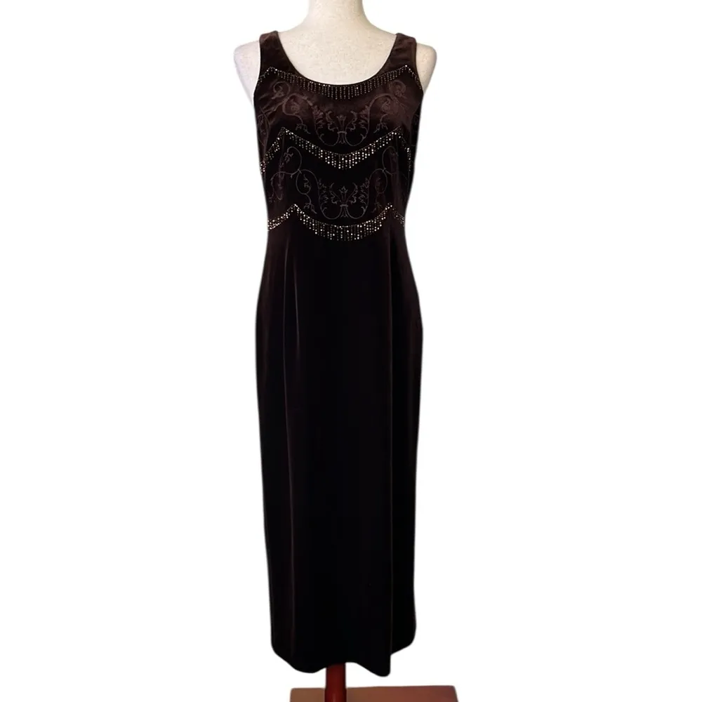 Adrianna Papell Occasions Brown Velvet Dress with Cardigan Embroidered Beaded - Image 2