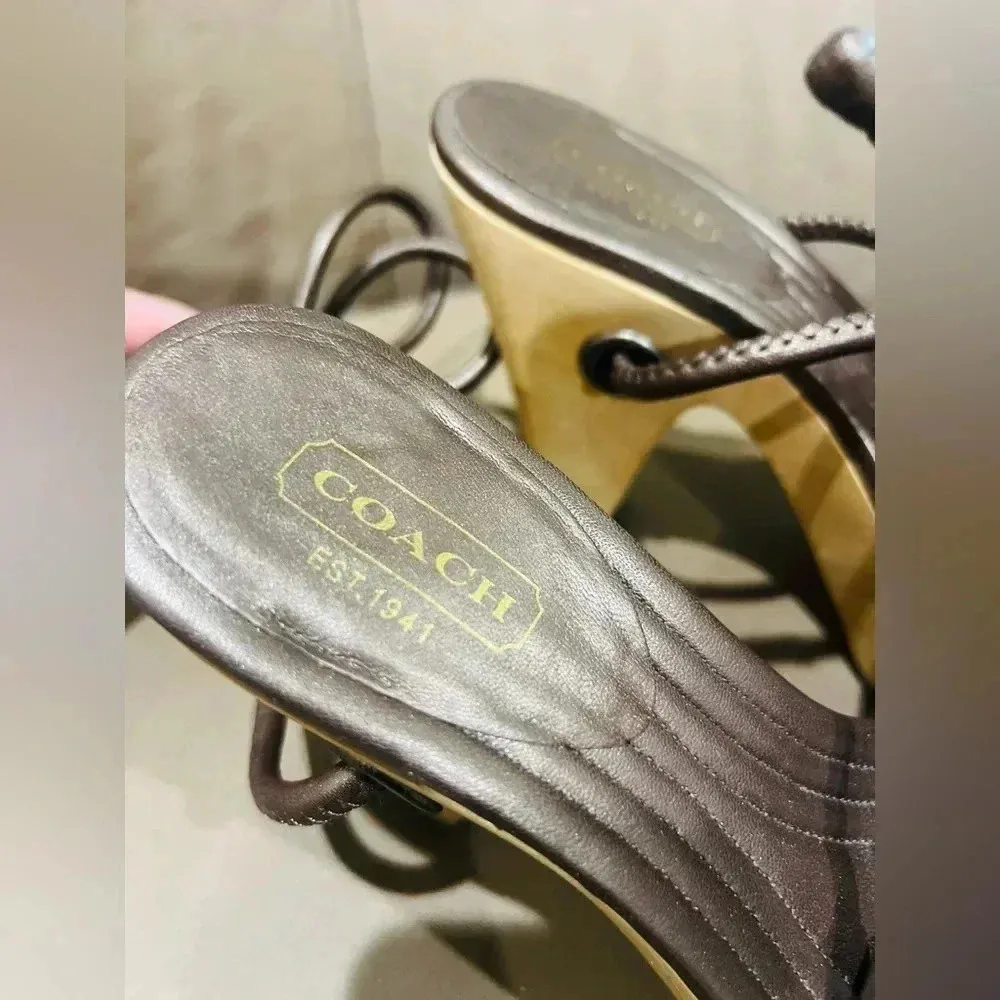Coach Women Size 5.5  Bronze Brown Leather Strappy Wooden Heel Sandals - Image 9