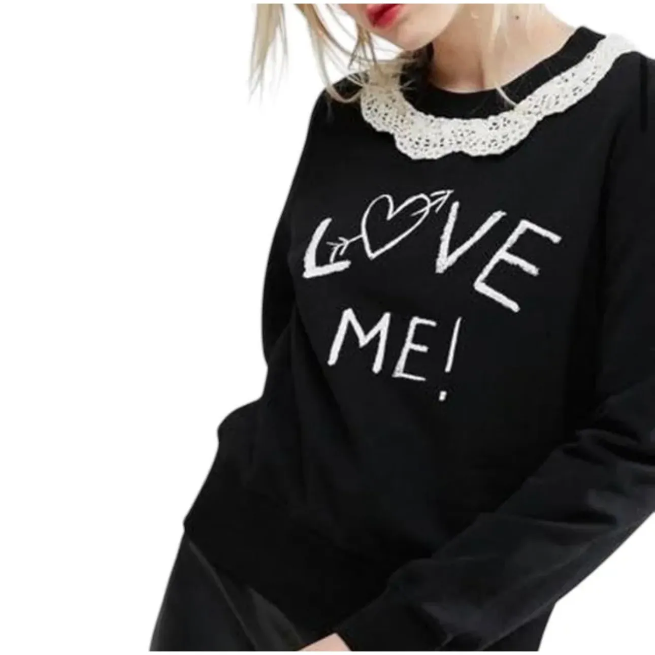 Love Moschino Lace Crochet Collar Wool Black Love Me Graphic Sweatshirt Size 4 - Image 3