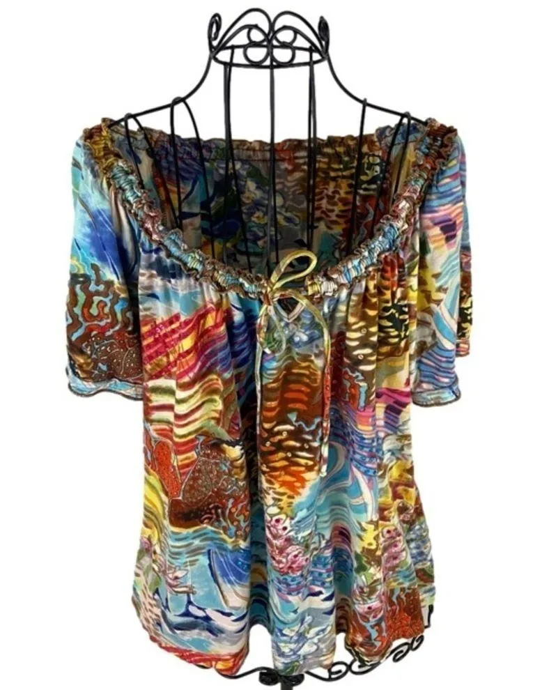 Christopher & Banks Bold Colorful Floral Sequins Tie Neck Flowy Cotton Top - Image 2