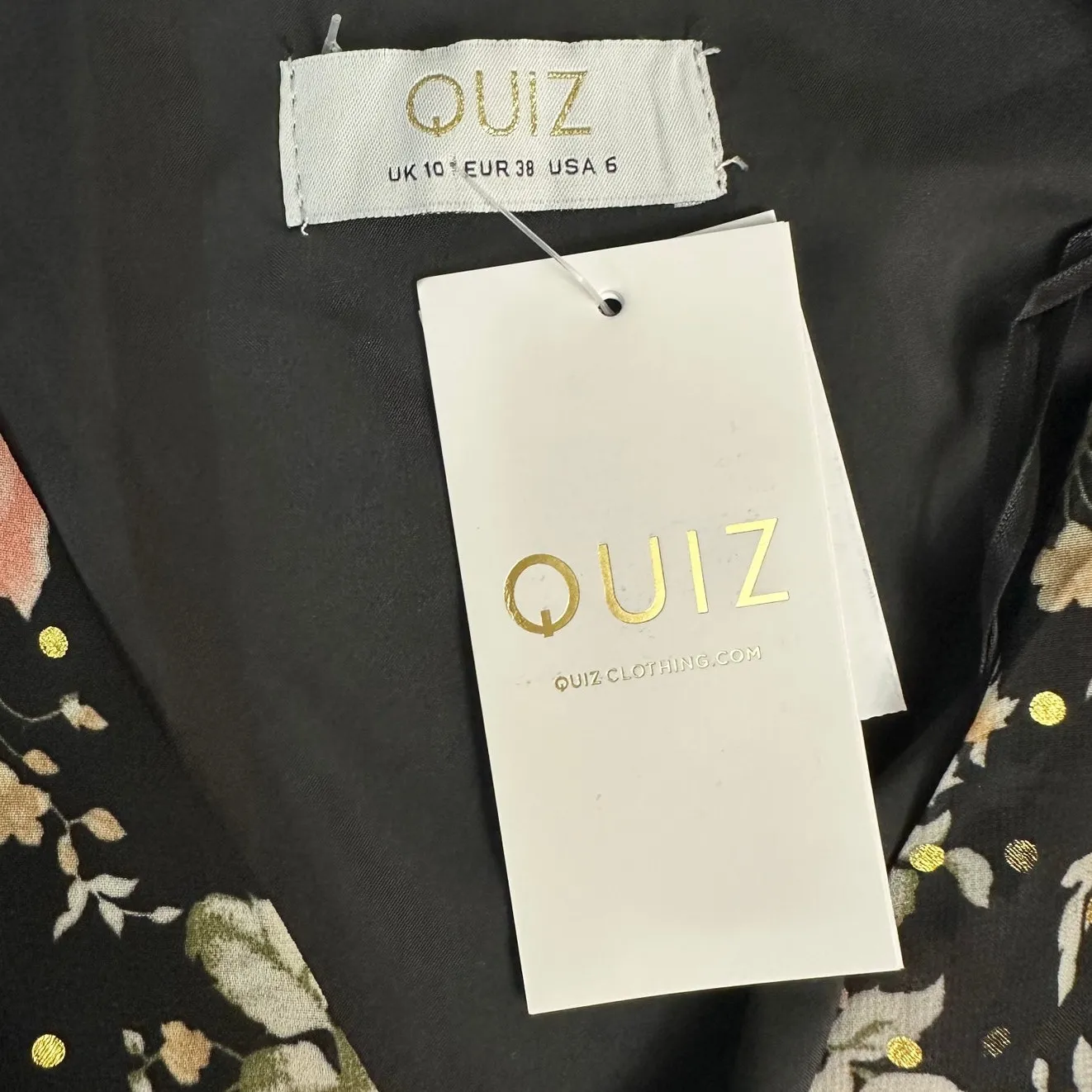 QUIZ Ruffle Mini Dress Black Floral Long Sleeve Tie Front Ruffle Hem New Size 6 - Image 2