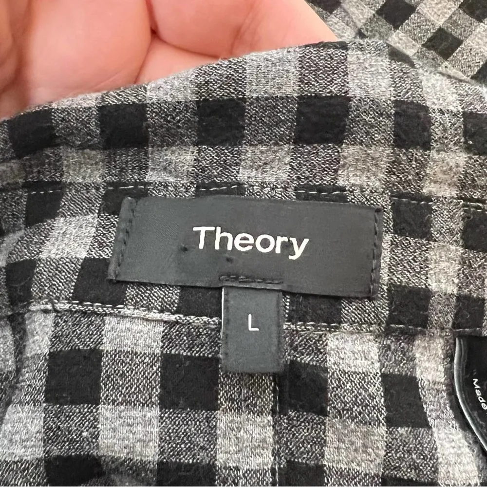 Theory panel front shirt dress soft gingham gray black sz L - Image 8