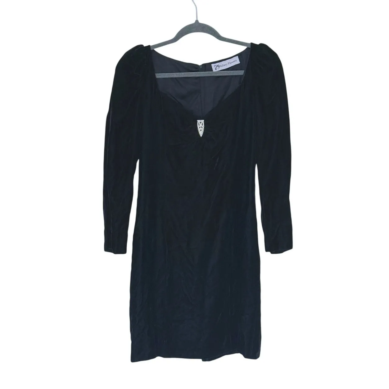 VTG Hillary Flowers 1980s Crushed Velvet Puff Sleeve Crystal Mini Dress 2 Black - Image 3