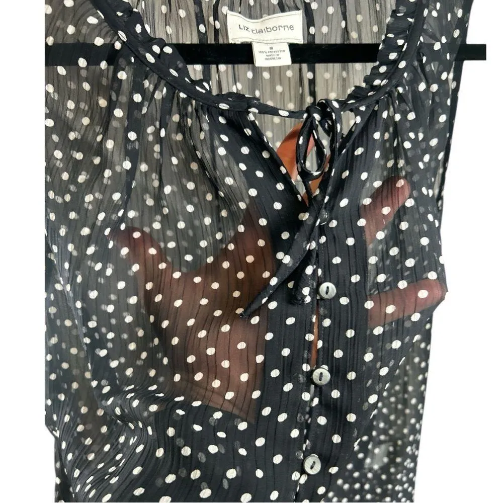 Liz Claiborne Sheer Black Polka-Dot Button down w/Ruffles Vneck Sleeveless MED - Image 4