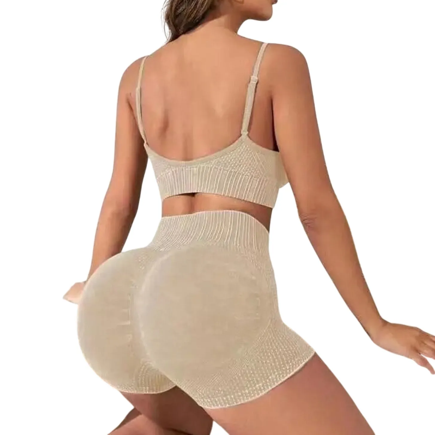 2 Piece Activewear Set Bra Top and Shorts in Beige, Size L Brown Size L - Image 2