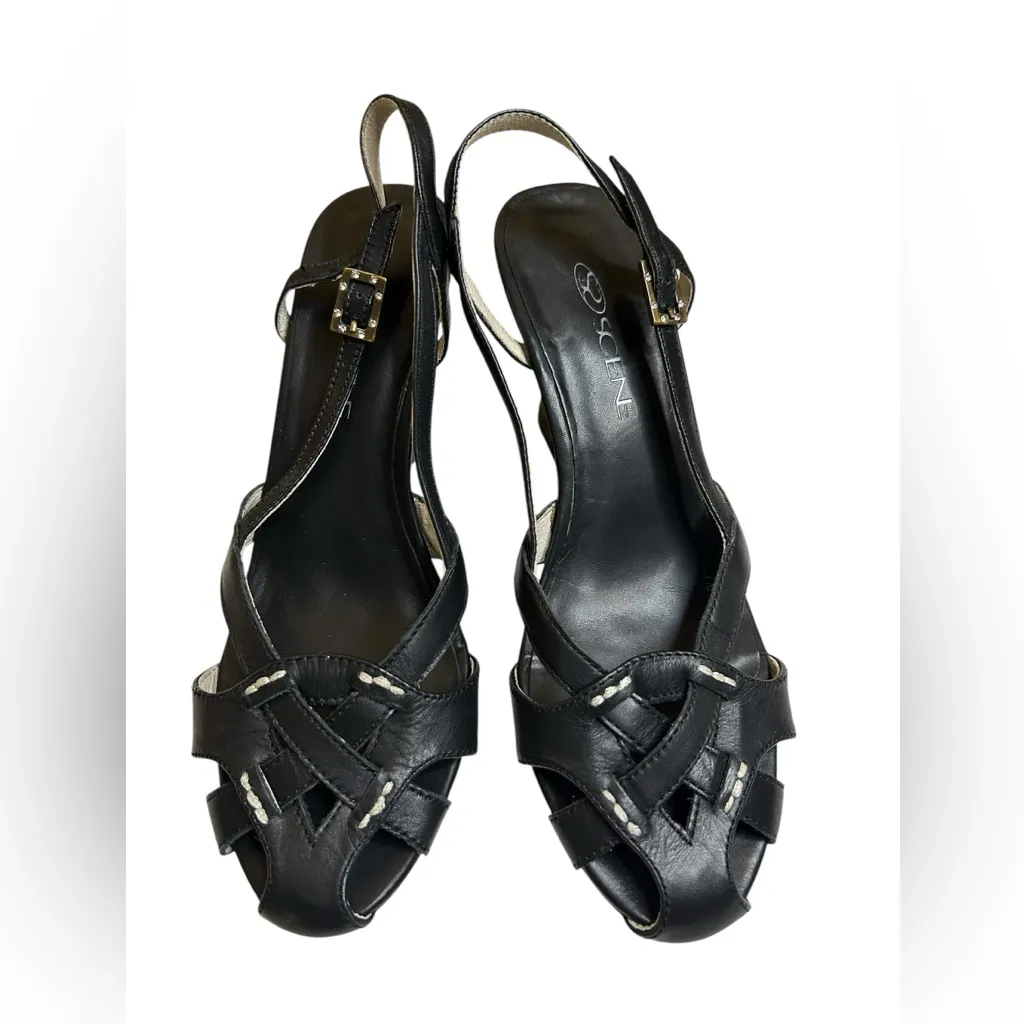 S2 Scene Vintage Leather Slingback Peep Toe Woven Cutout Low Wedge | EU 37 Black Size 6 - Image 4