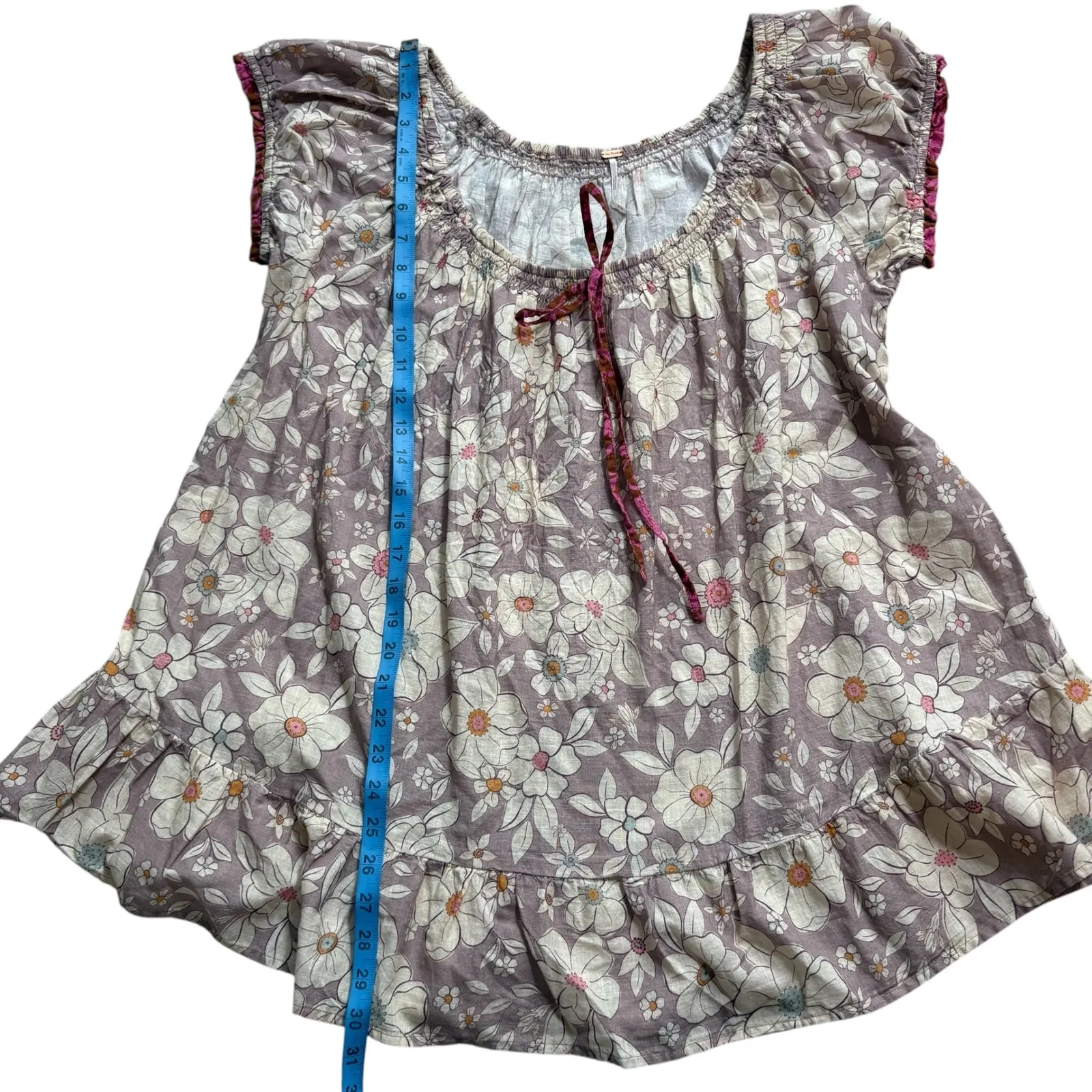 Free People‎ Frankie Cotton Tunic dress Shirt Floral Tie Front Boho M Stone - Image 6