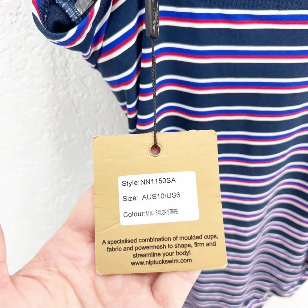 Niptuck Sailor Stripe Navy Cross Front One Piece Swimsuit Size US 6 NWT Blue - Image 3