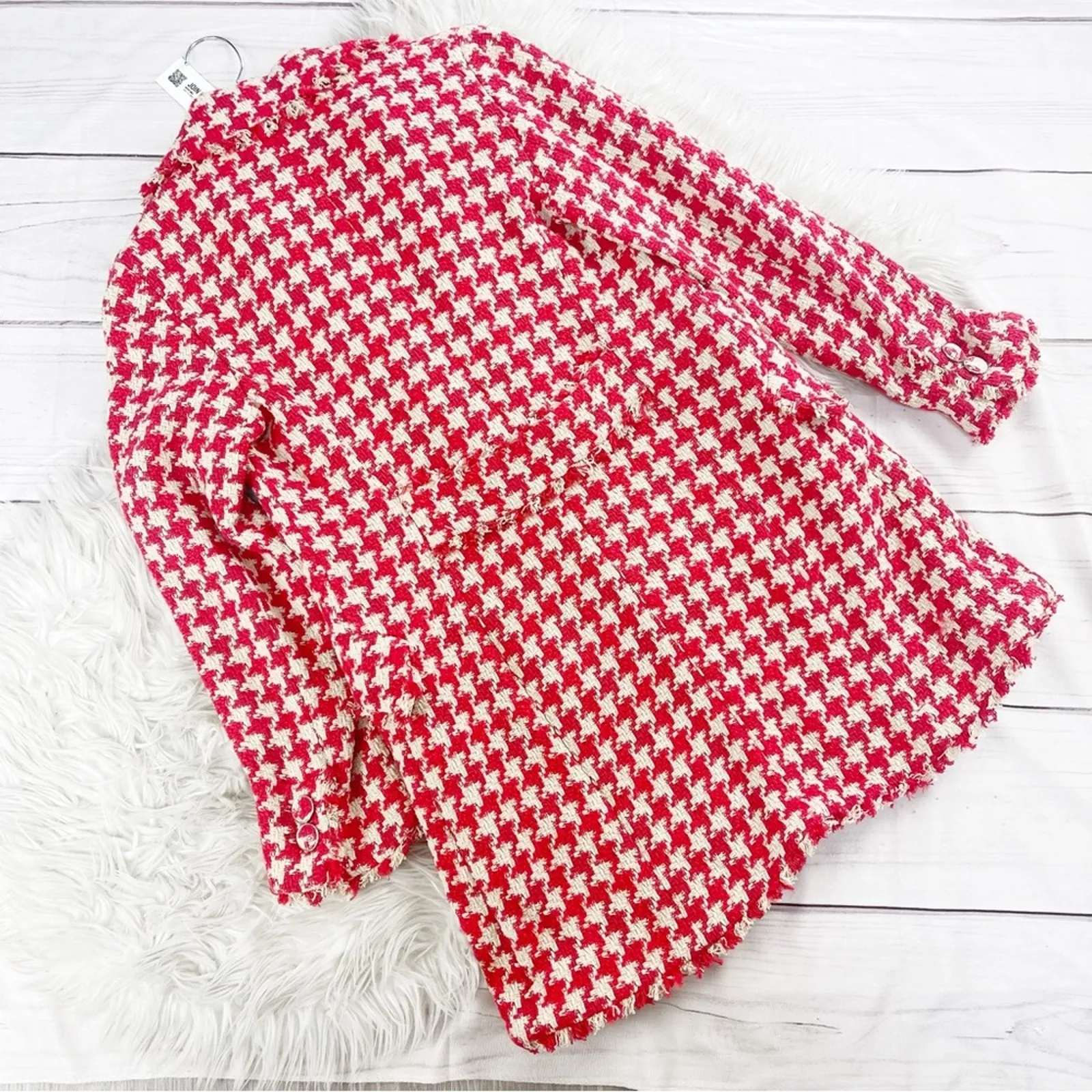 Zara Houndstooth Women's Tweed Textured Lapel Collar Coat Jacket in Red Size‎ XS - Image 6