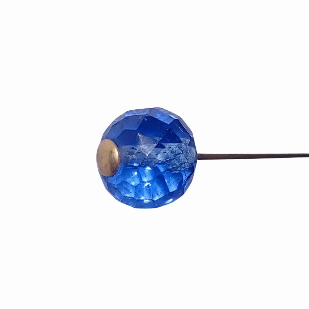 Long Hat Dress Pin Faceted Vintage Brass Blue Glass Bead Gold Tone Straight - Image 4