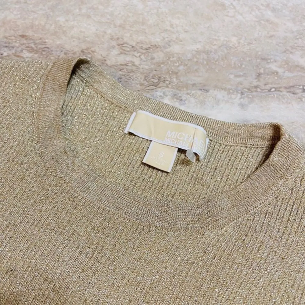 Michael Kors Tan & Gold Glittery Ribbed Long Sleeve Sweater Shirt Knit Top - Image 4