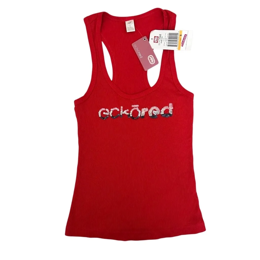 Ecko Red Y2K Ribbed Beater Sequence Tank Top Size Small Red Cotton - Image 9