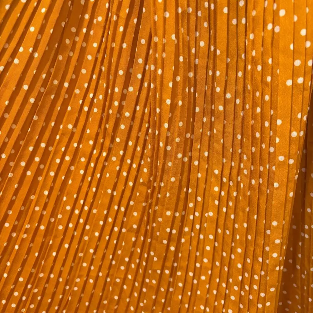 EXLURA Women's High Waist Mustard Yellow Polka Dot Pleated Midi Skirt w Pockets - Image 10