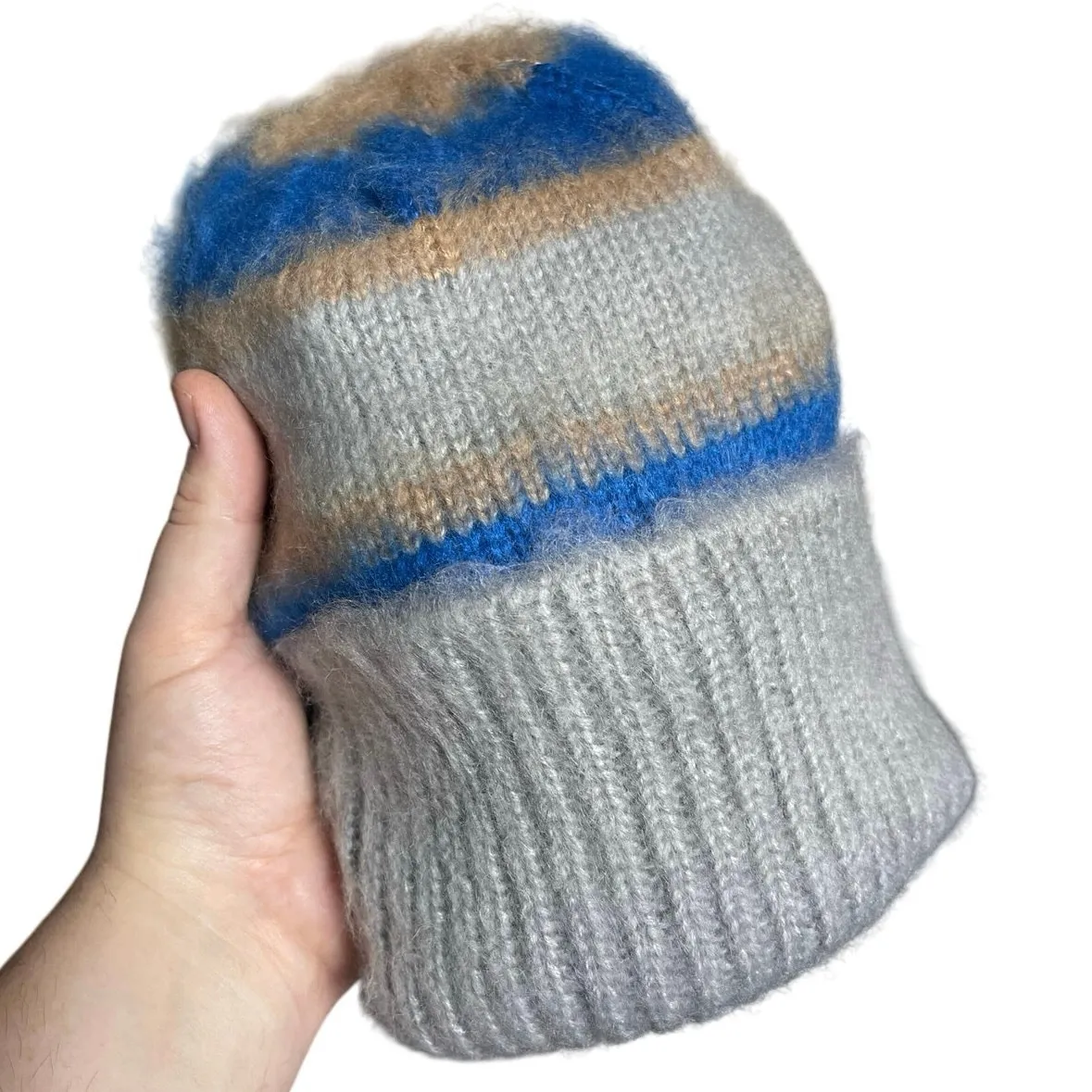 NWT FREE PEOPLE Women’s Fuzzy Blue and Gray Striped Beanie - Image 3
