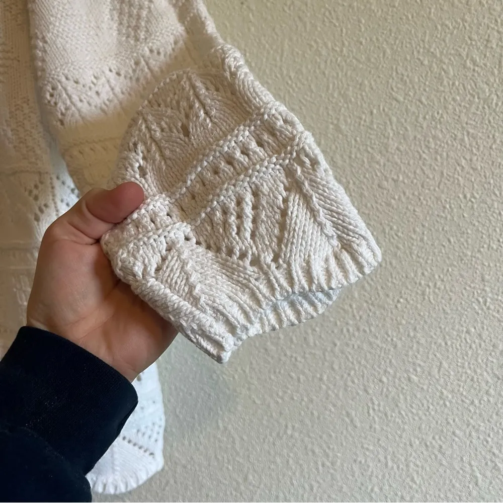 Via Max Vintage Cream / Off White Crochet Knit Grandpa Sweater Size L - Image 4