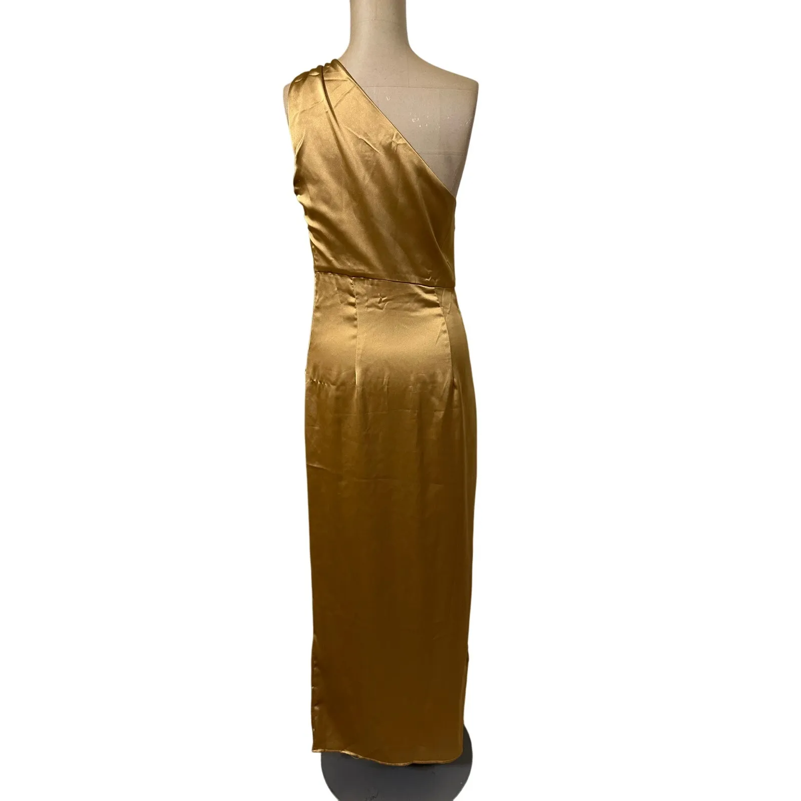 Petal & Pup Maxi Dress Satin Bronze Yellow One Shoulder Ruched - Image 7