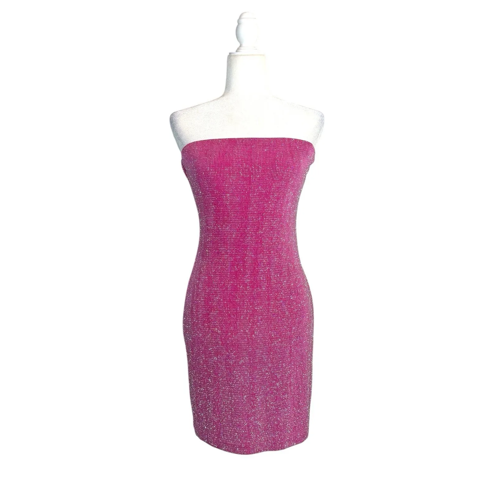 Vintage 90s Charlotte Russe Glittery Strapless Mini Dress L Pink Slinky Sexy USA - Image 2