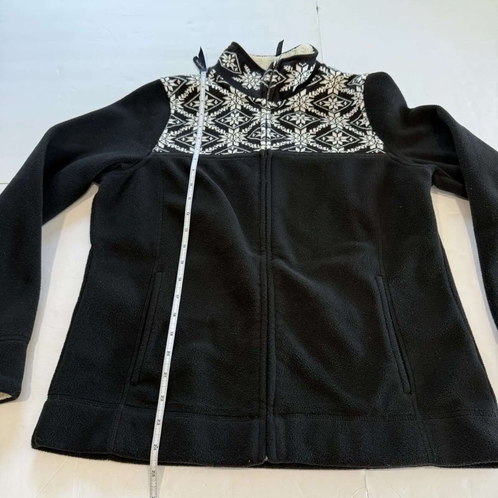 LL Bean Black White Fair‎ Isle Full Zip Sweater Fleece Jacket Pockets Size SMALL - Image 9