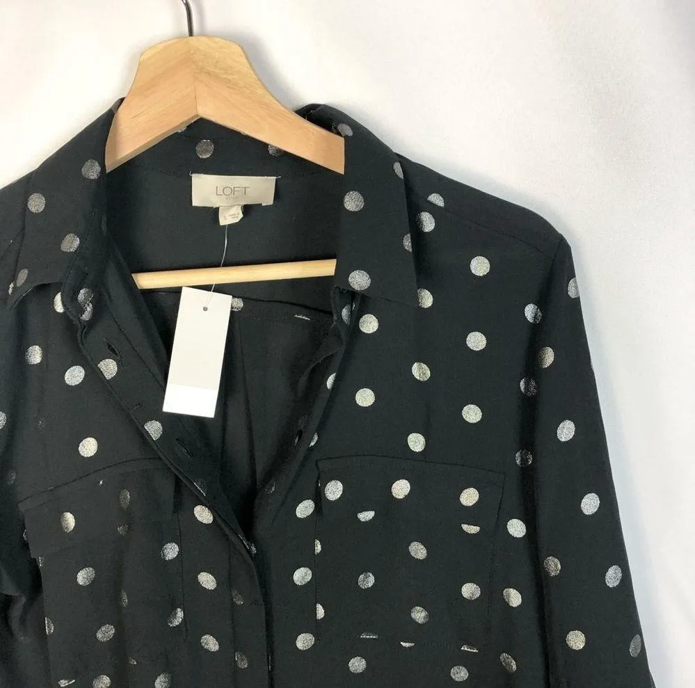 Ann Taylor LOFT Black Silver Polka Dot Long Sleeve Button Down S - Image 3