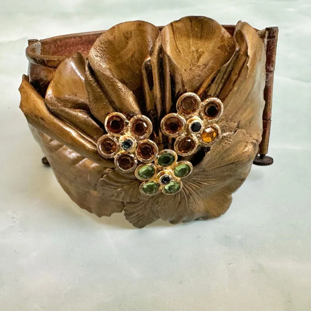 Vintage Repoussé Brass Floral Statement Cuff – Hinged w/ Gemmy Glass - Image 6