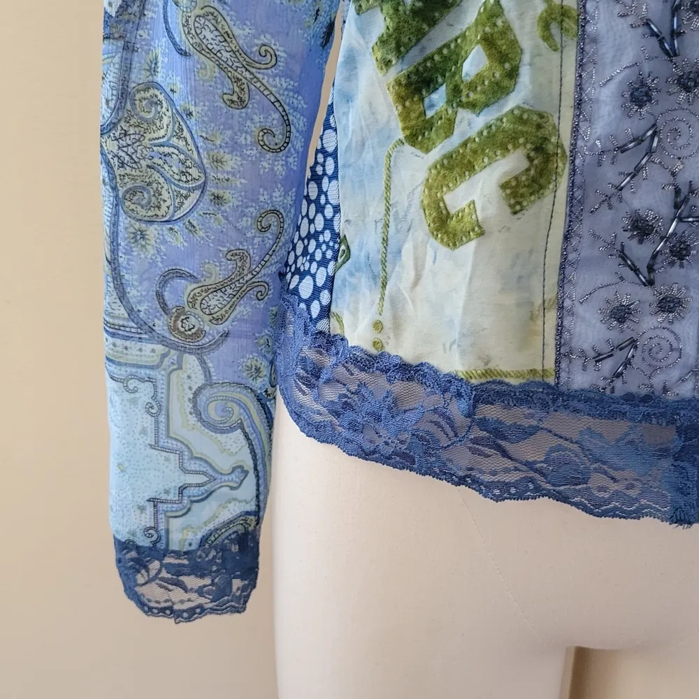 Jaipur blue paisley mesh velvet bomber jacket size small - Image 3