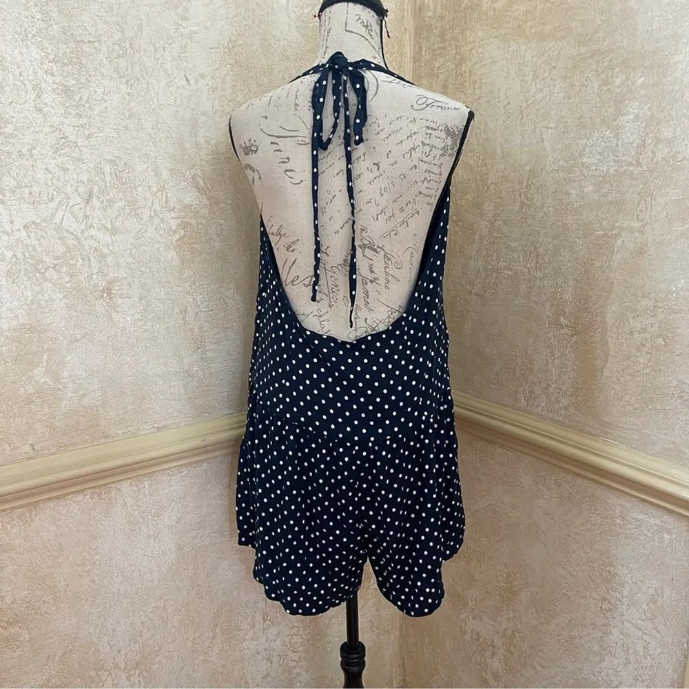Free People High Strung Blue White Polkadot Romper Jumpsuit w Bows Coquette Sz L - Image 8