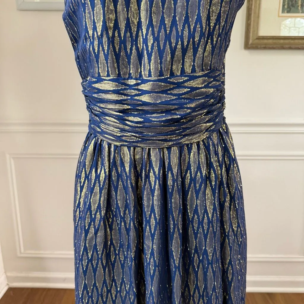 NWOT Halston Heritage Scarf Neck Short Dress Saphire Blue Gold Diamond Scarf Nec - Image 5