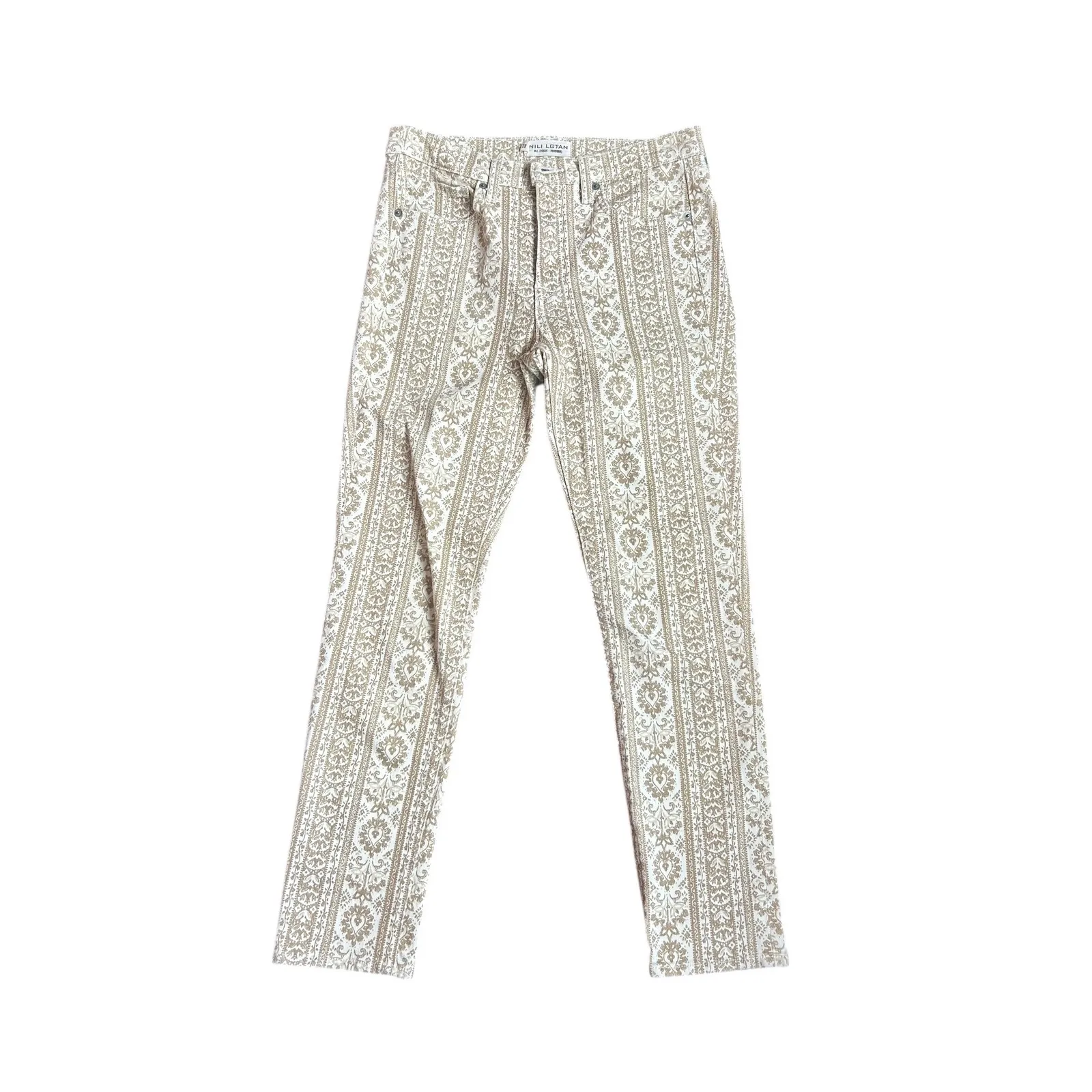 Nili Lotan Khaki Wallpaper Jeans Size 28 Mid Rise Printed Slim Fit Denim Pants White - Image 3