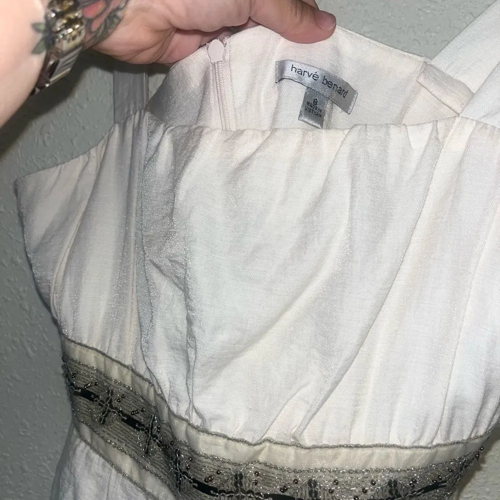 Herve Bernard Linen Blend Dress | Size 8‎ | Cream & Tan Trim | Sleeveless - Image 5