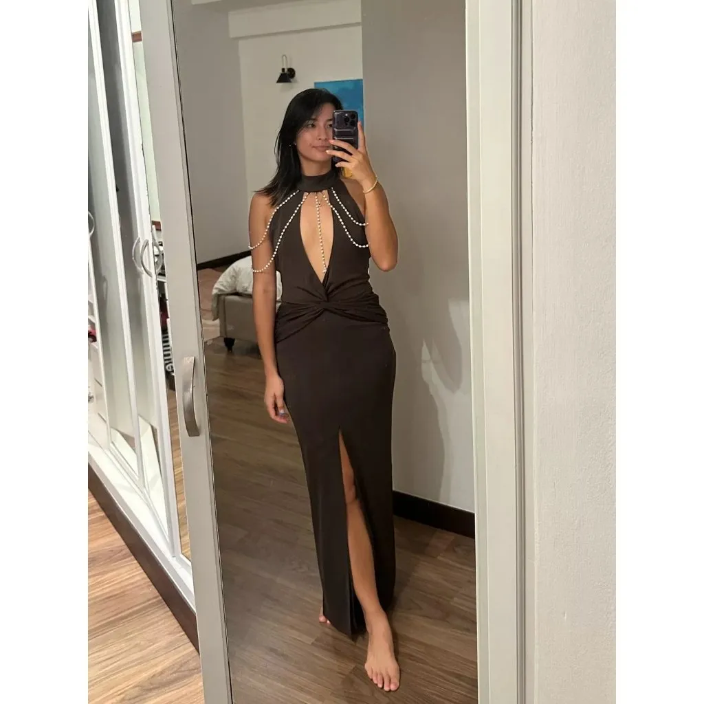 LOBA Debora Pearl Maxi Dress in Chocolate Brown Large New Womens Gown - Image 12