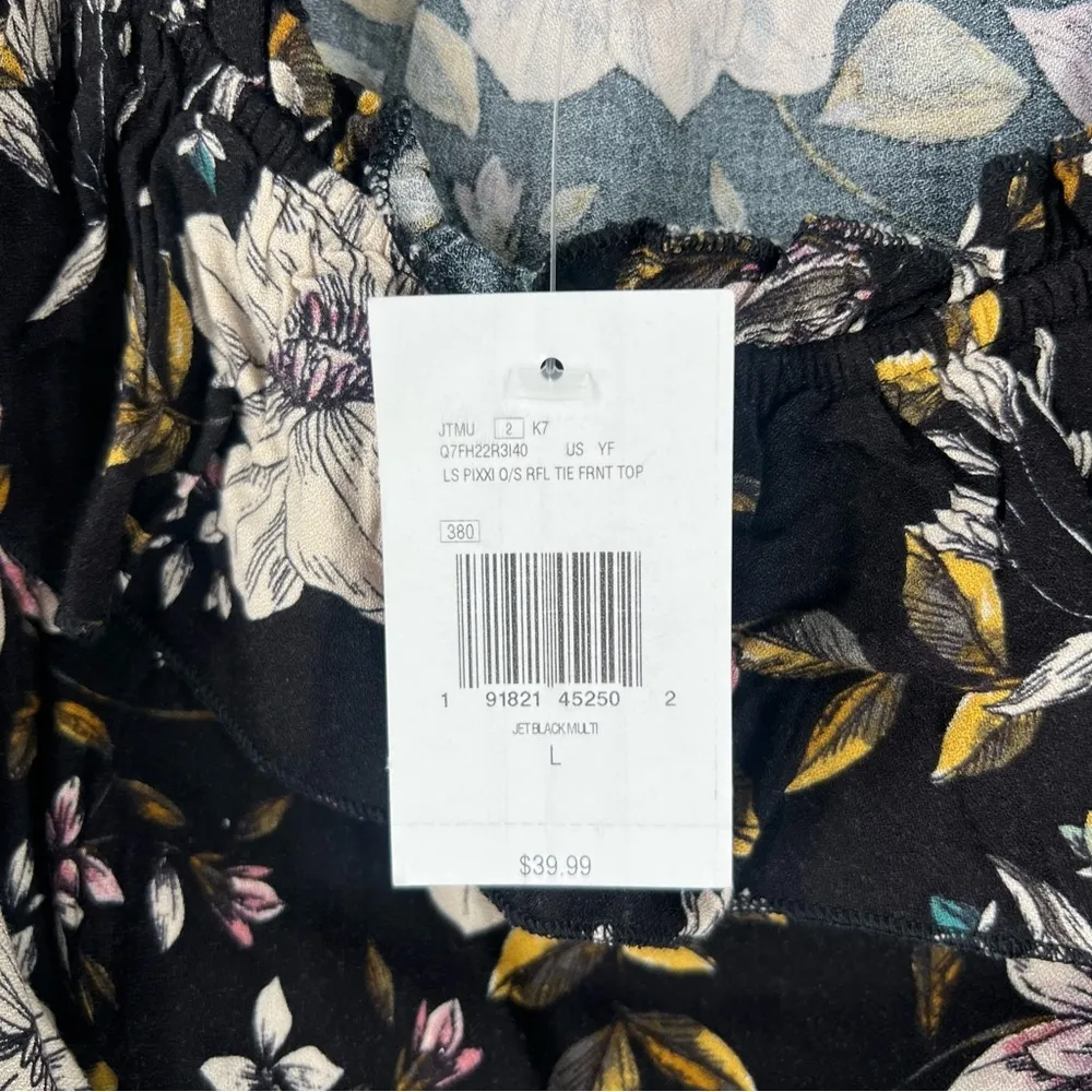 Guess Dark‎ Floral Long Sleeve Pixxi Off The Shoulder Ruffle Tie Front Crop Top - Image 8