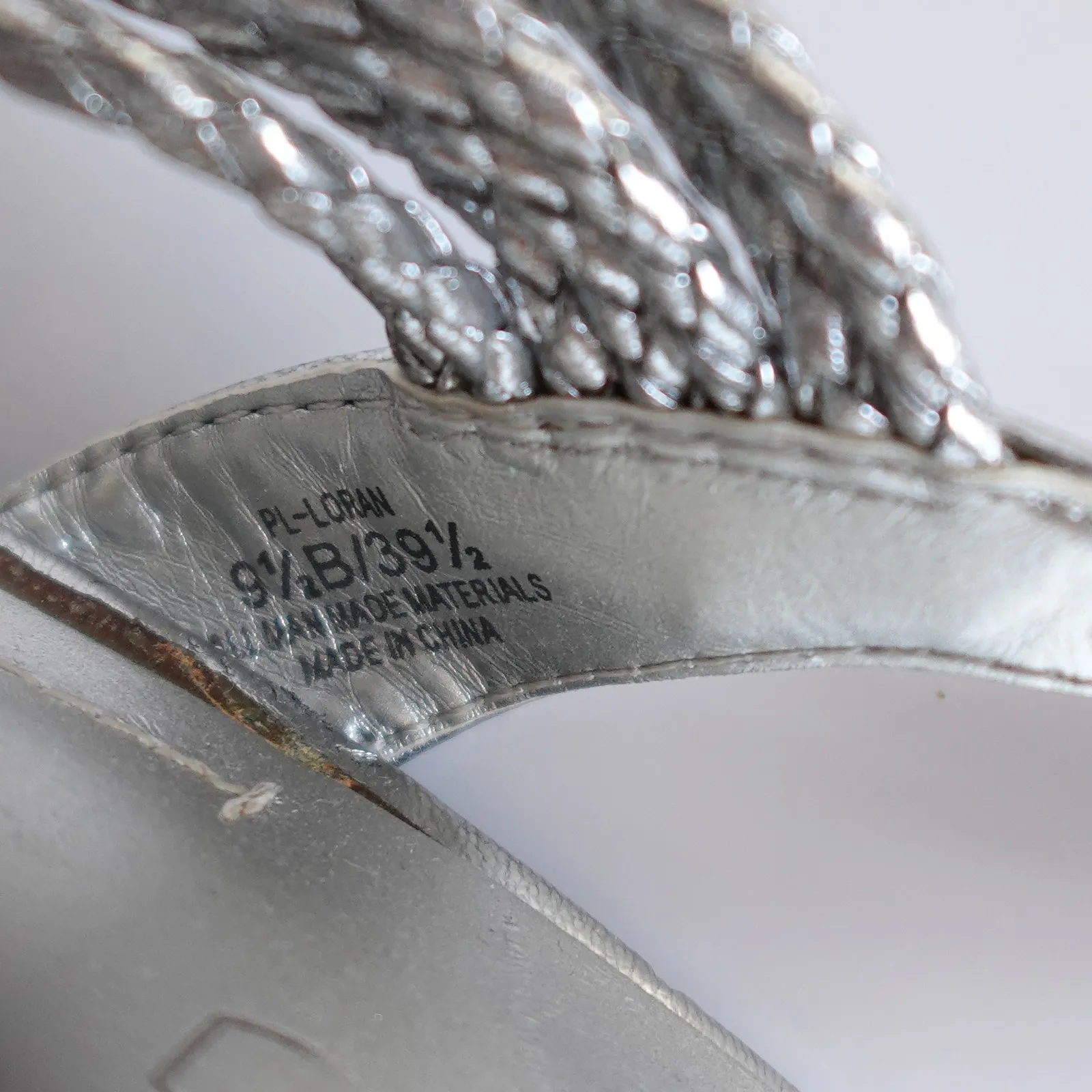 BCBG Paris Metallic Silver Faux Leather Woven Rope Strappy Cork Open Toe Wedges - Image 15