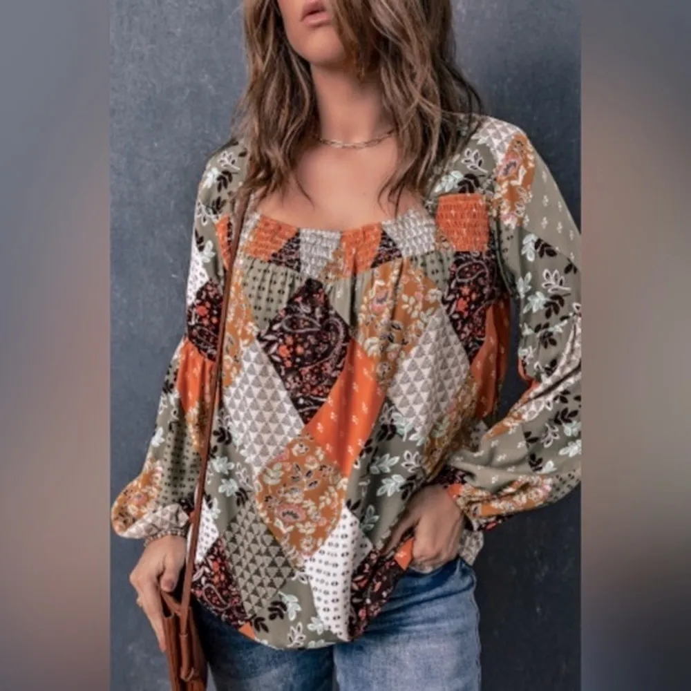 Patchwork Print Mixed Boho Floral Tunic Length Lantern Sleeve Blouse NEW - Image 6