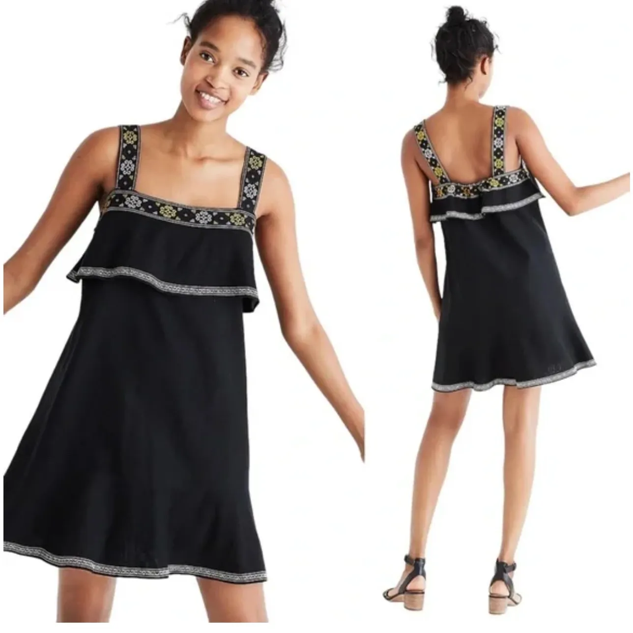 Madewell Black Linen‎ Blend Embrodiered Tiered Dress Size XXS - Image 2