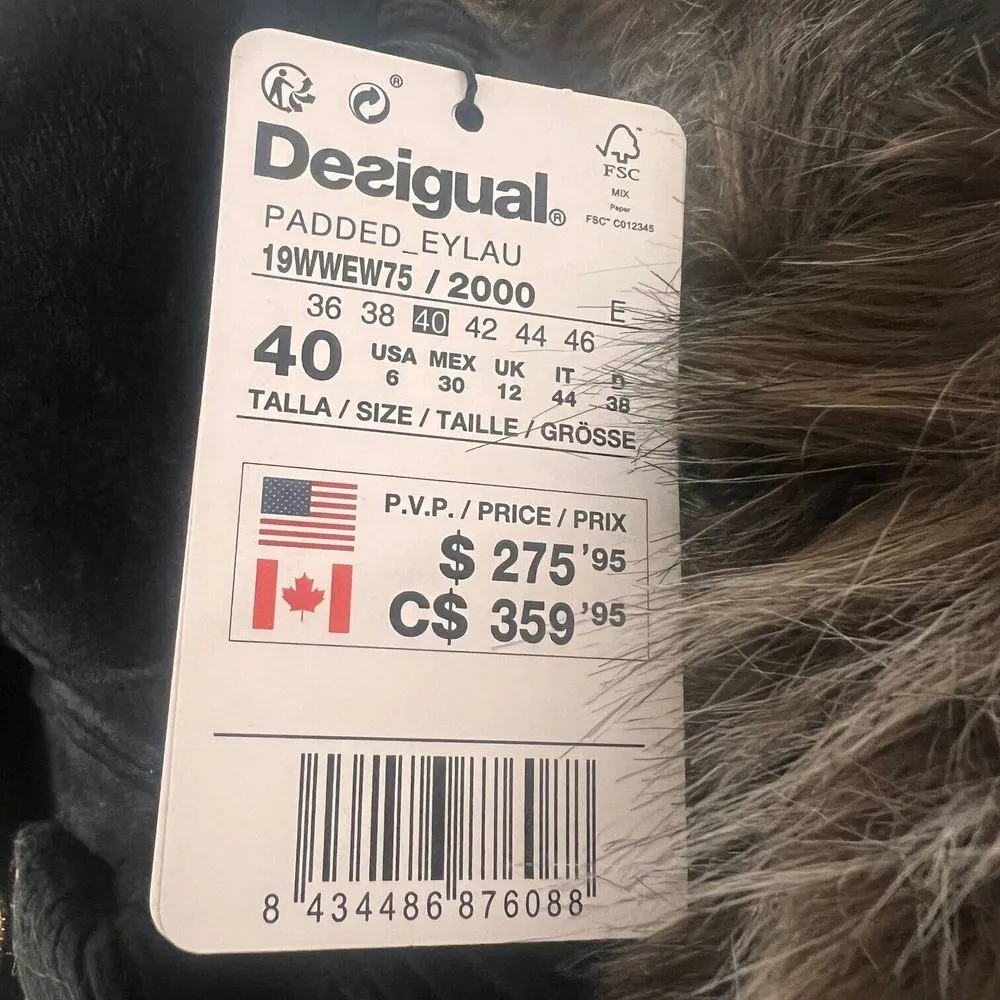 Desigual Womens Parka Black Gold Puffy Sweater Inset Hooded Faux Fur Size 6 NWT‎ - Image 4