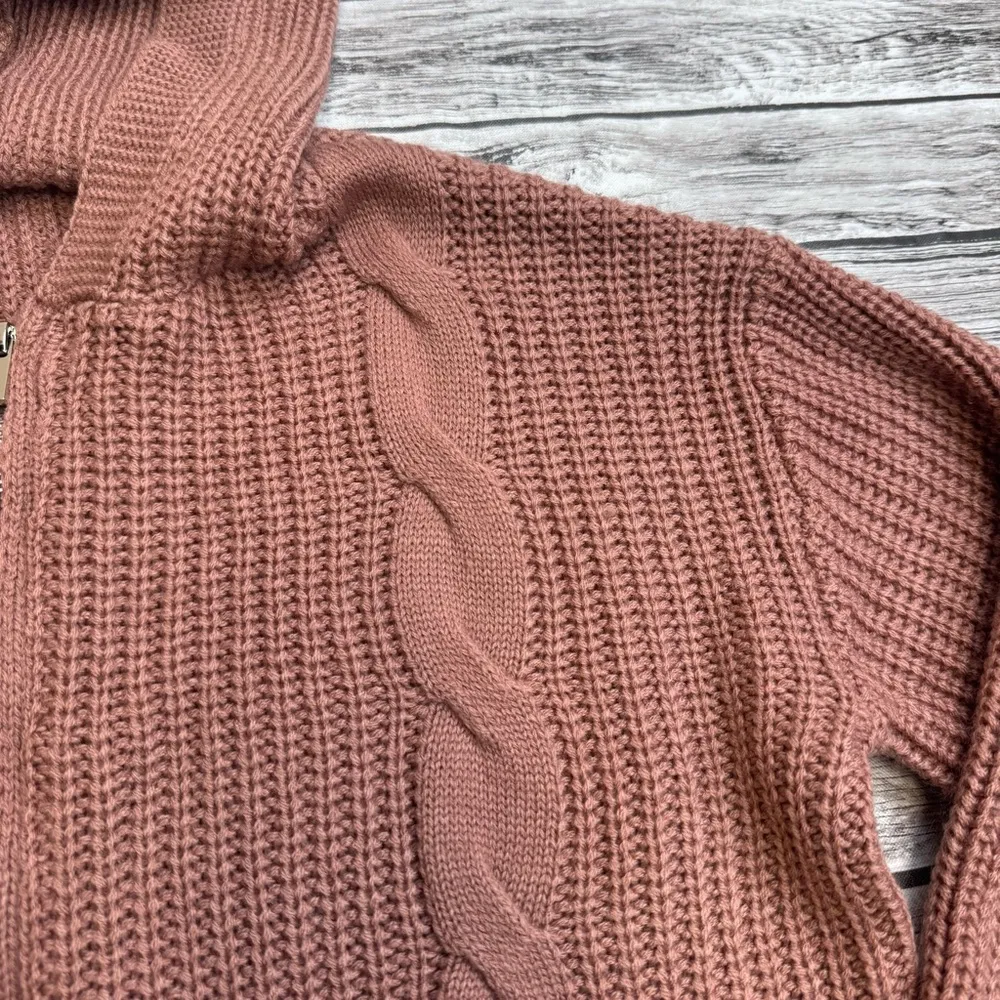 SHEIN Women's Hoodie Full Zip Sweater Mauve Dusty Rose Pink S SM Small Ribbed - Image 5