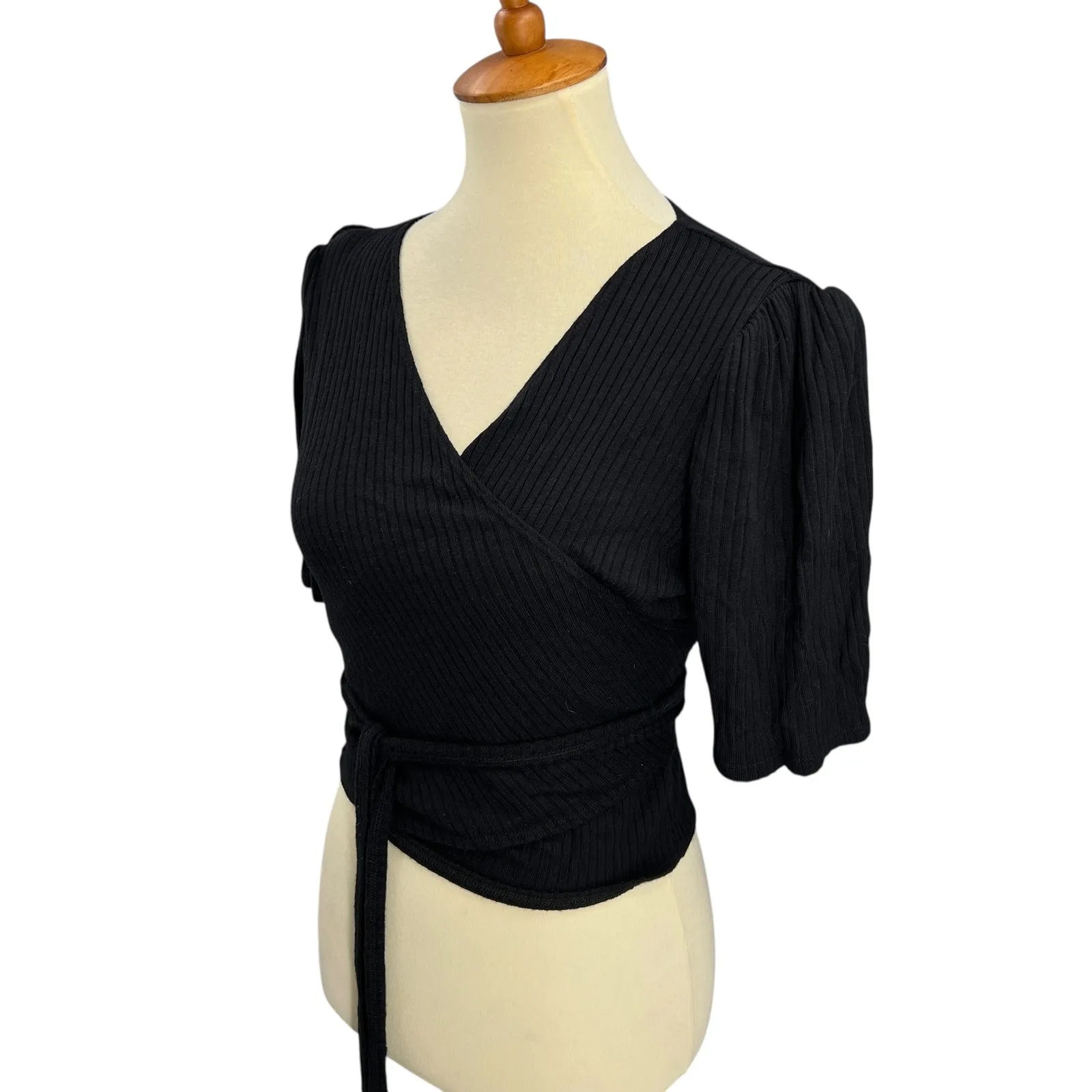 Reformation Jeans Black Ribbed Wrap Crop Top Puff Sleeve Tie Waist Size XL - Image 2