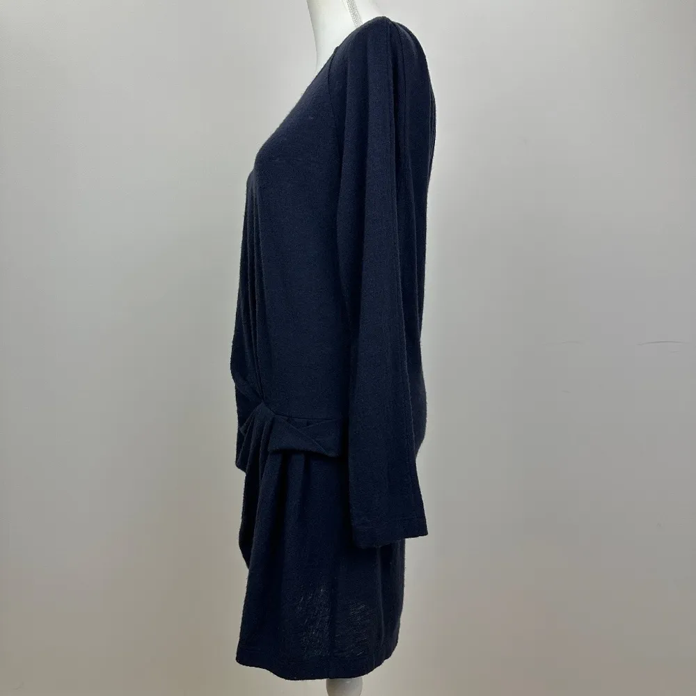 Hanii Y Wool Dress Long Sleeve Draped Navy Blue Round Neck Minimalist Medium. - Image 6