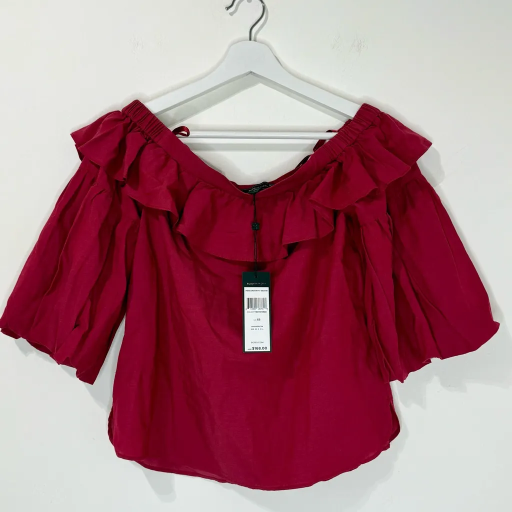 NWT BCBGMAXAZRIA Off Shoulder Shirred Blouse Ruffle Top Red Burgundy Size XS - Image 3