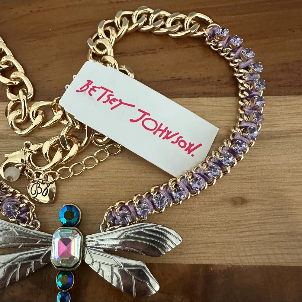 Betsey Johnson Gold Tone Necklace With Dragonfly Pendant & Woven Crystal Accents - Image 3