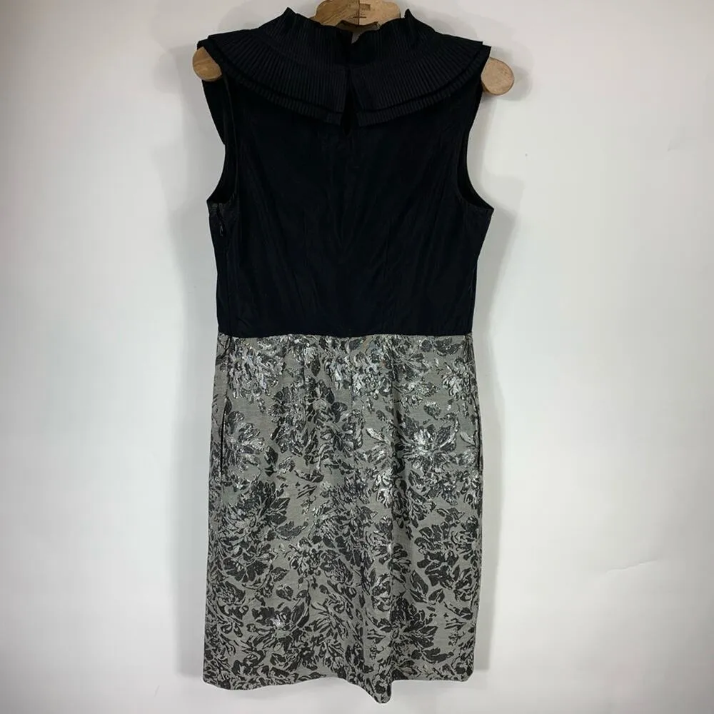 BCBGMAXAZRIA Pleat Ruffle Silver Brocade Dress Size 10 - Image 9