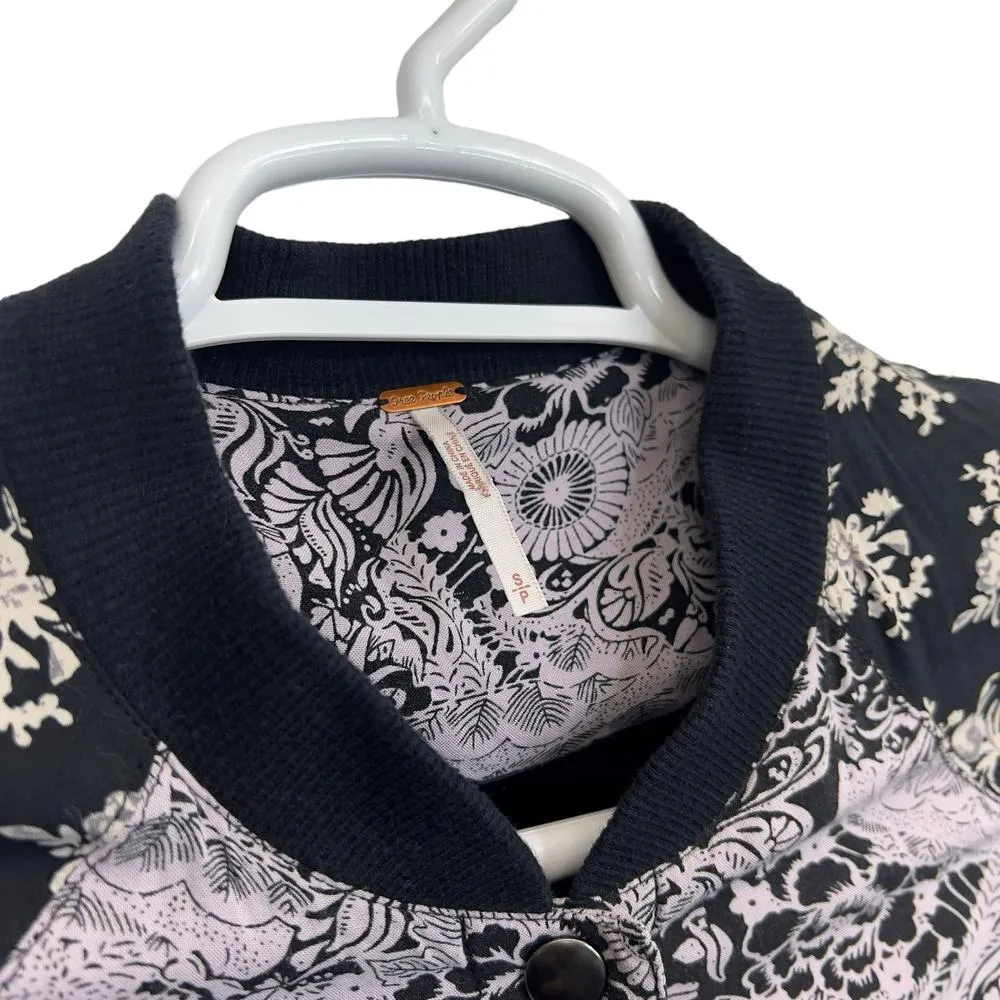 Free People Bomber Jacket Black Purple Floral Snap Close Lightweight Boho Size S - Image 5