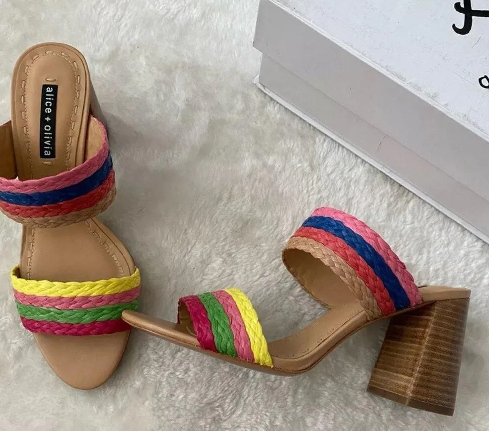 Alice + Olivia Leeda rainbow raffia mules sandals - Image 5